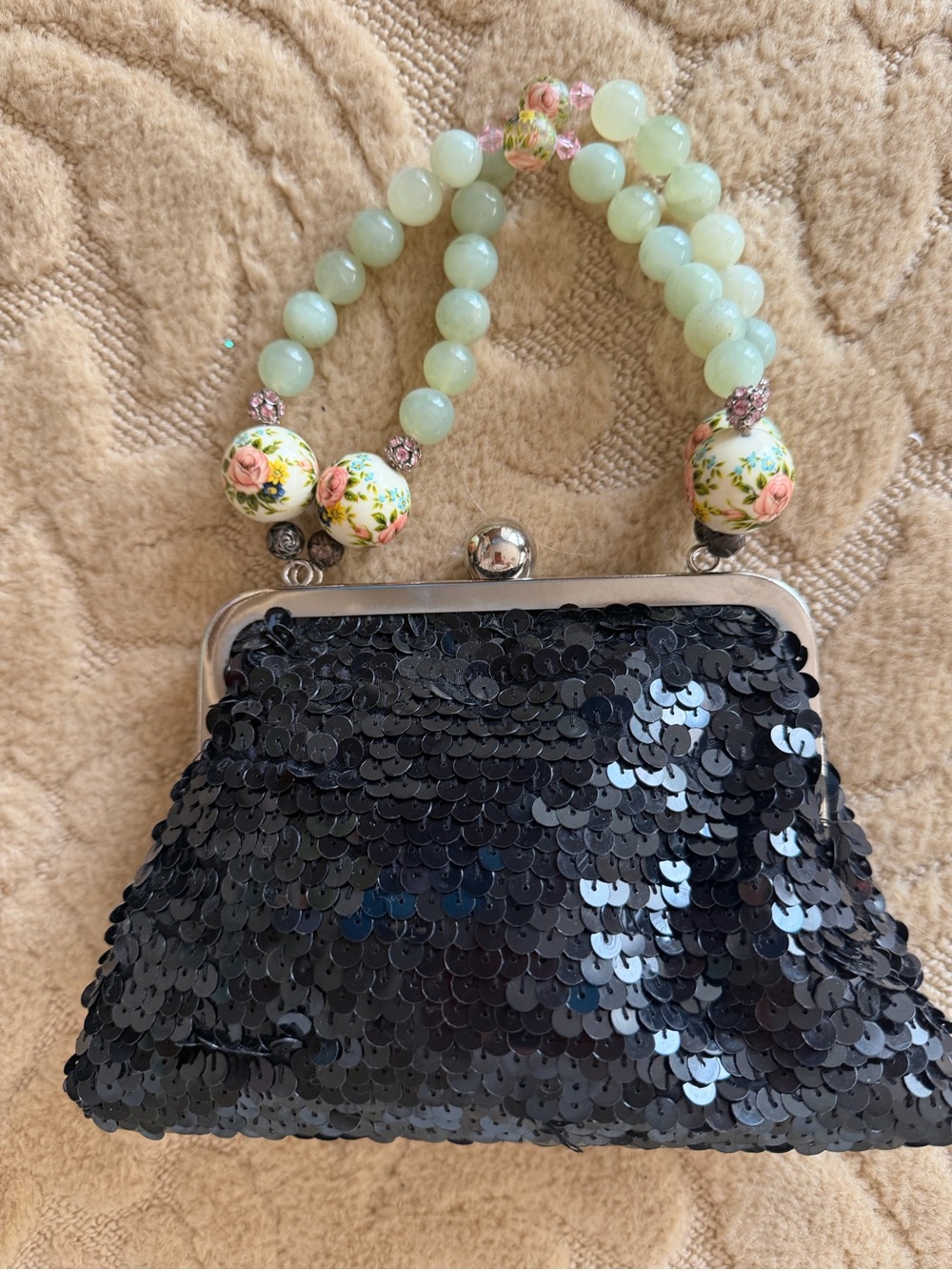 VINTAGE Black Sequin EVENING BAG, w/ hand painted beadwork wedding ready